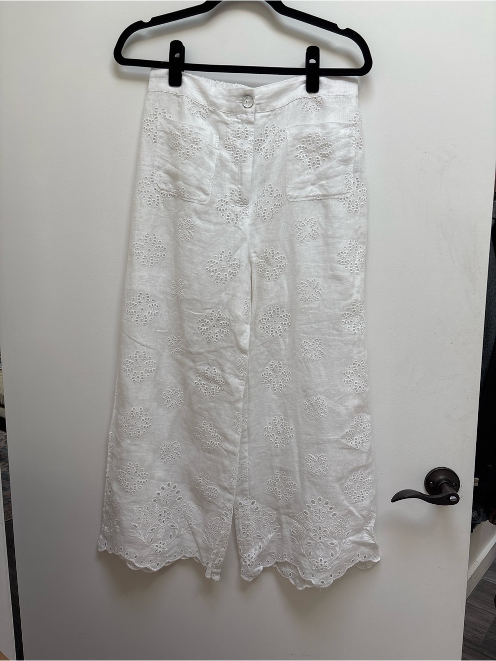 Johnny Was White Eyelet Broderie Wide-Leg Linen Pants